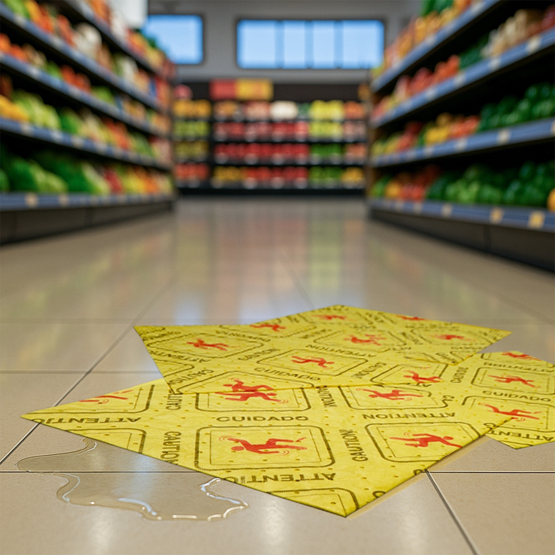 Mats being used for a spill in a grocery store