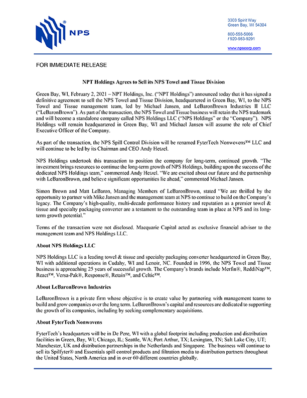 NPT Holdings Sell NPS Towel and Tissue Division Doc